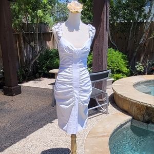 White Midi Dress with Ruched Front and Decorative Straps